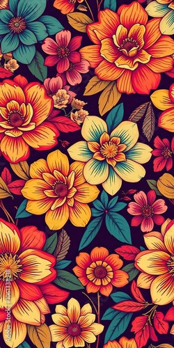 Seamless retro floral pattern with vibrant colors and intricate details, texture, repeat, seamless