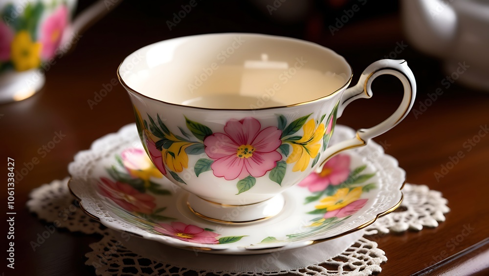 Empty teacup with floral design on saucer, sitting on doily, on wood table. Empty teacup with floral design on saucer, sitting on doily, on wood table.