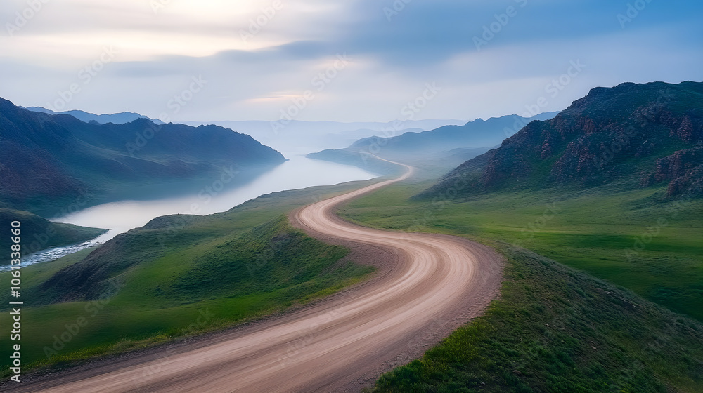 Fototapeta premium Winding dirt road, green landscape, serene countryside, scenic route