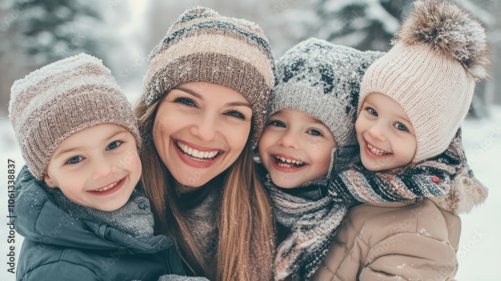A joyful family poses together in a snowy landscape, showcasing warmth and happiness. A joyful family poses together in a snowy landscape, showcasing warmth and happiness.