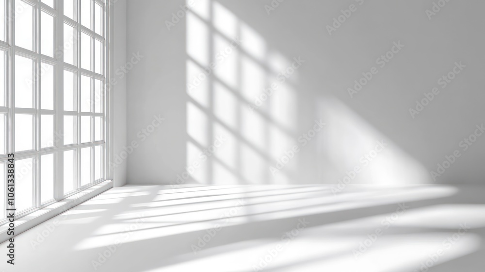 Fototapeta premium A minimalist interior with sunlight casting shadows on a blank wall.