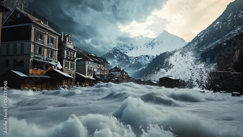 Powerful Waves Crashing on a Mountain Village