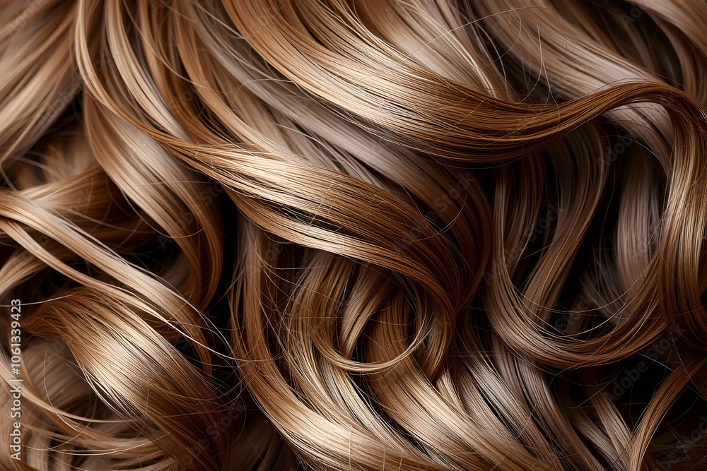 Close-up of wavy, highlighted hair with shades of blonde and brown. Close-up of wavy, highlighted hair with shades of blonde and brown.