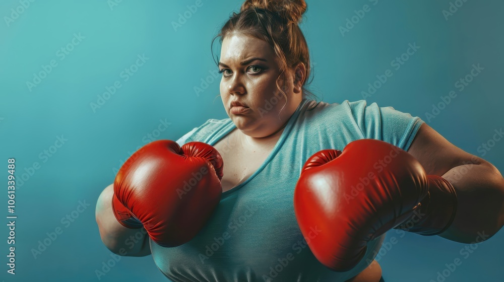 A plus-size boxer with red gloves, lets out a fierce battle cry. A plus-size boxer with red gloves, lets out a fierce battle cry.