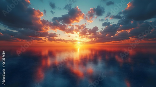 Sea Sunset Illustration - Red Sky, Dramatic Clouds, Water Reflection