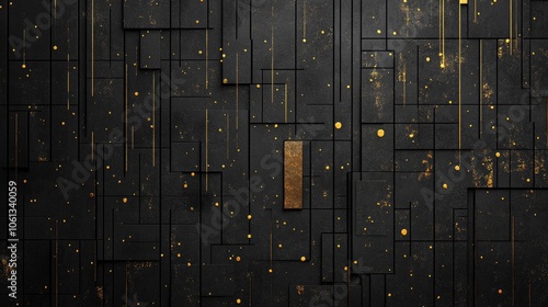 Abstract black and gold tiled wall background.