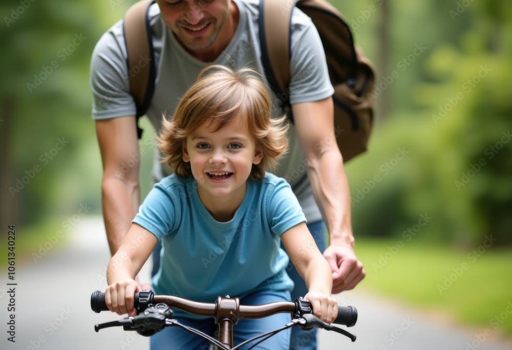 Fototapeta premium Happy Moment Between Father and Child on Bicycle Adventure