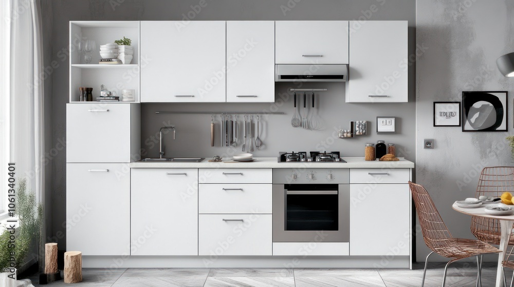 Modern white kitchen with sleek cabinets and appliances for cooking and dining. Modern white kitchen with sleek cabinets and appliances for cooking and dining.