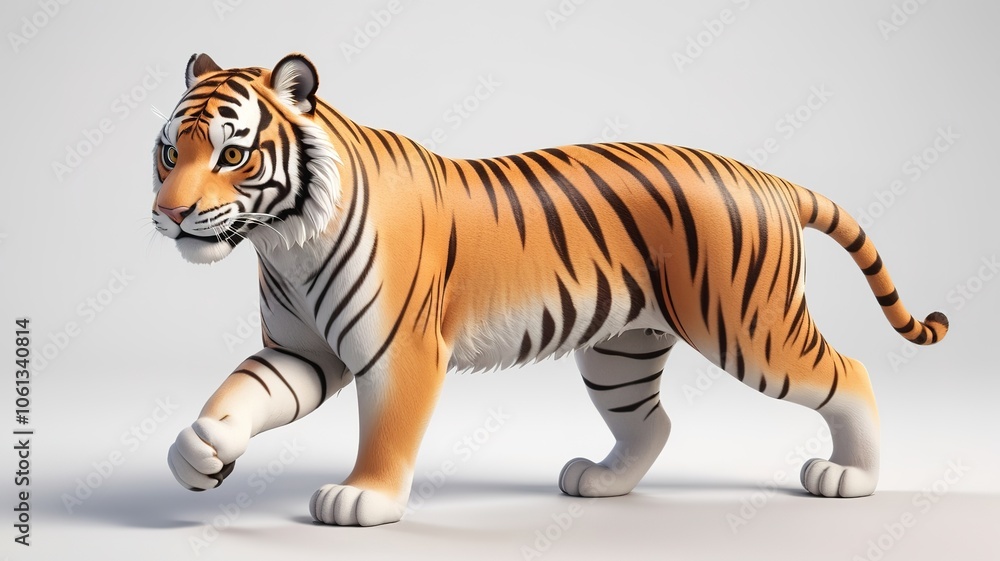 Obraz premium Adorable 3D tiger character, white background, cartoon style.