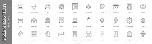 Home interior related Set icons, sofas, Sofas, coffee tables, Coffee Tables, Dining Tables, wardrobes, bookshelves, TV Stands, Rugs, Lamps, Ceiling Ligh
