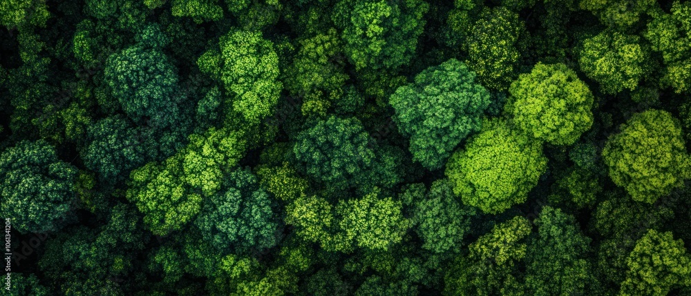 Naklejka premium Aerial view of lush green trees forming a dense forest canopy.