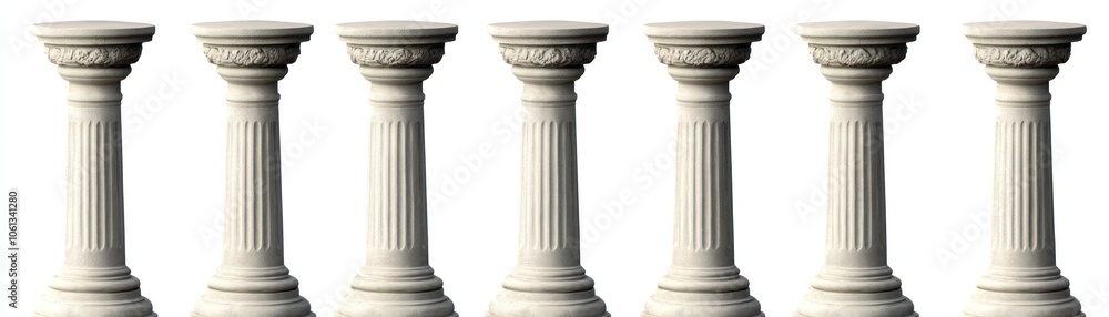 A row of classical white columns with decorative tops, symbolizing architecture and structure. A row of classical white columns with decorative tops, symbolizing architecture and structure.