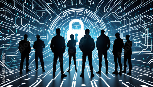 Silhouettes of people standing in a digital environment with a padlock symbol, representing cybersecurity and data protection.