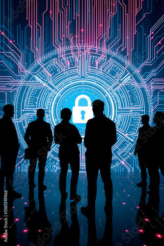 Silhouettes of people standing in a digital environment with a padlock symbol, representing cybersecurity and data protection.