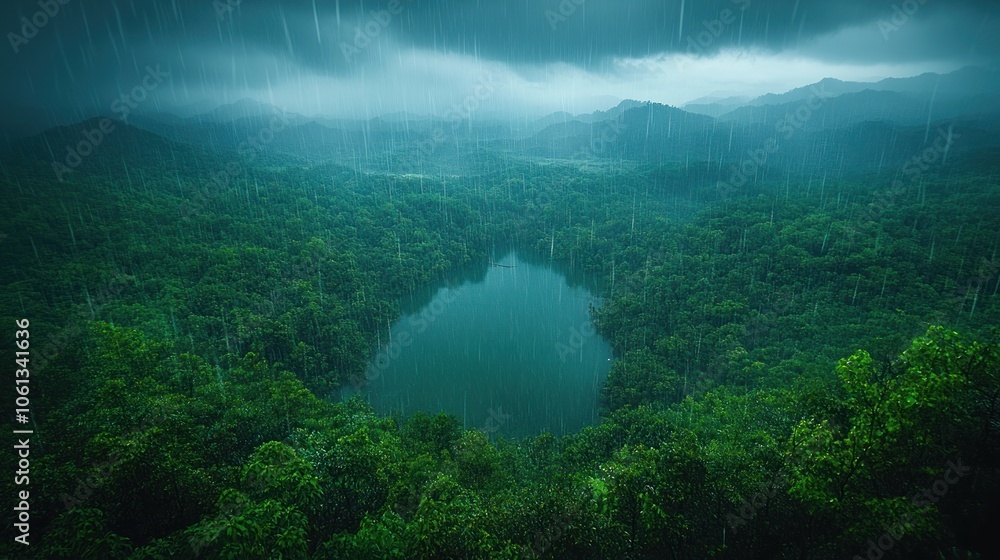 A serene lake nestled in a lush green forest with a dramatic sky filled with rain. A serene lake nestled in a lush green forest with a dramatic sky filled with rain.