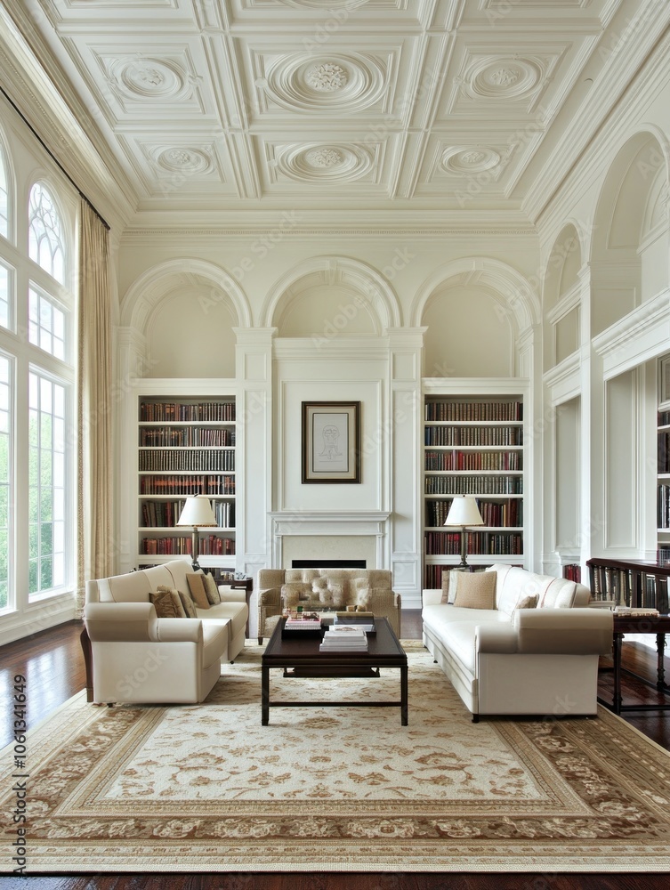 Elegant living room with high ceilings, bookshelves, and comfortable seating. Elegant living room with high ceilings, bookshelves, and comfortable seating.