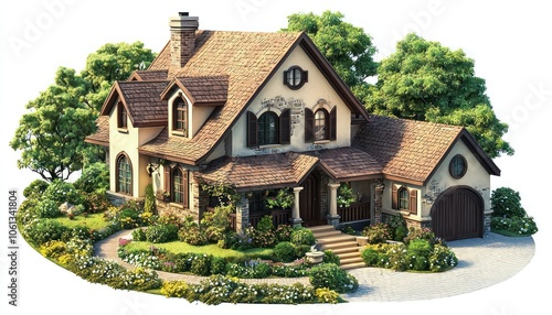 3D cottage house icon, designd with an exterior garden. photo