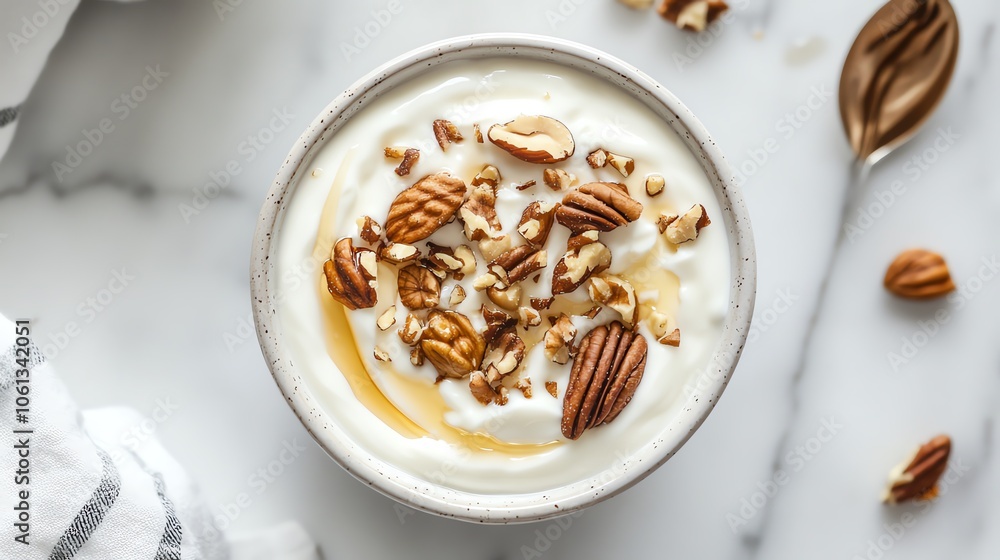 A delicious bowl of yogurt topped with crunchy pecans and drizzled with honey, perfect for a healthy snack or breakfast. A delicious bowl of yogurt topped with crunchy pecans and drizzled with honey, perfect for a healthy snack or breakfast.