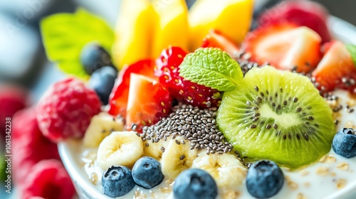 Colorful fruit bowl topped with vibrant berries, banana slices, and chia seeds, perfect for healthy breakfast inspiration.