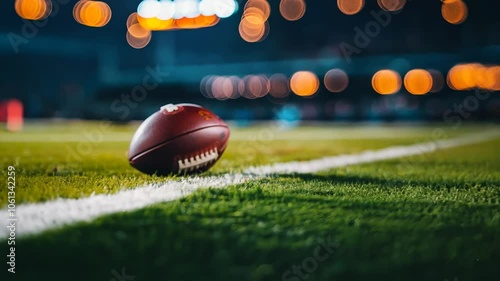 Close-up of a leather American football on a green grass field with a white line and stadium lights in the background.