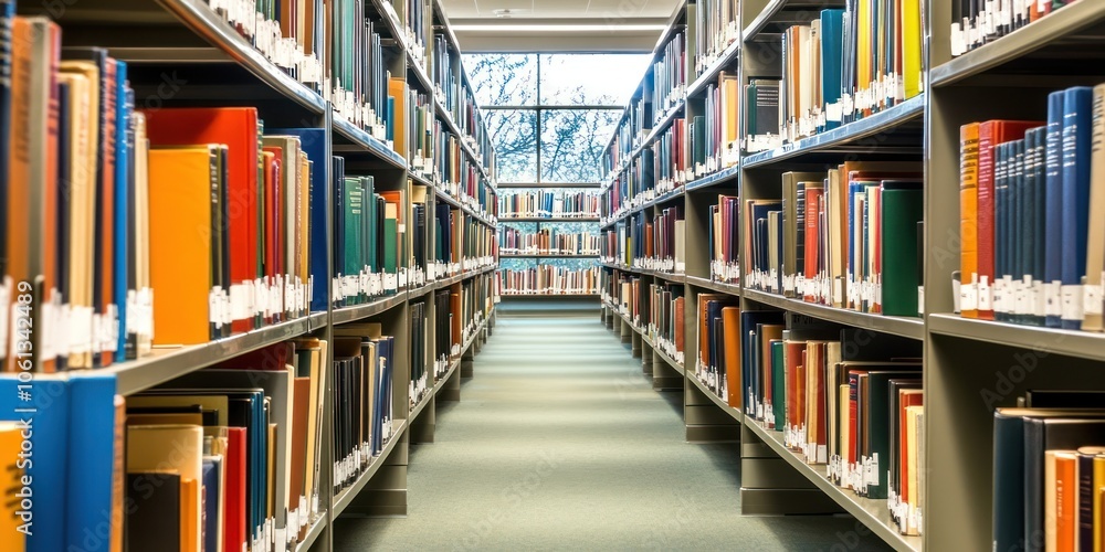 A library aisle filled with colorful books on shelves, inviting study and exploration. A library aisle filled with colorful books on shelves, inviting study and exploration.