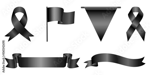 Black award ribbon banners for text. Blank Black award Ribbon Collection Pack Template. Different Empty Black Ribbon, Label Design, garland, flag. Black Bow Loop, Ribbons. Vector of various shapes.