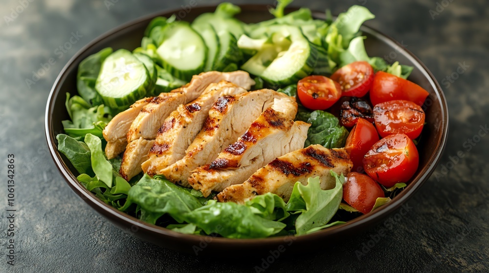 Fresh and healthy salad with grilled chicken, cucumbers, tomatoes, and leafy greens in a dark bowl. Fresh and healthy salad with grilled chicken, cucumbers, tomatoes, and leafy greens in a dark bowl.