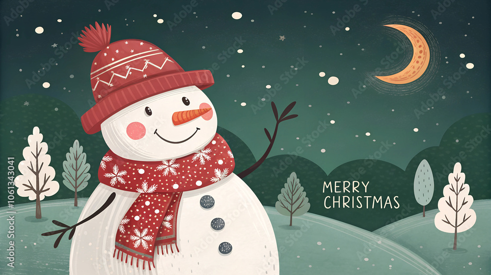 Snowman in Red Scarf and Hat Under Starry Night Sky with Merry Christmas Message, Festive Winter Holiday Illustration Snowman in Red Scarf and Hat Under Starry Night Sky with Merry Christmas Message, Festive Winter Holiday Illustration