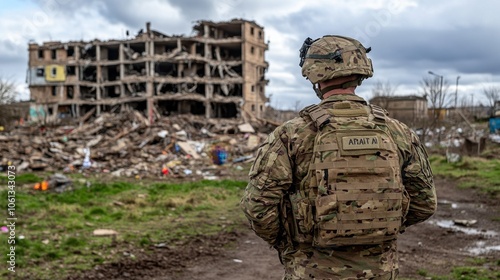 Soldier Surveying Devastation of War: Destruction and Ruins in the Aftermath