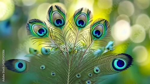 Close-up of five peacock feathers with vibrant blue, green, and brown colors against a blurred green and yellow background.