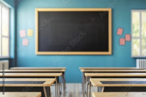 Detailed 3D model of a classroom, featuring student desks and a chalkboard.