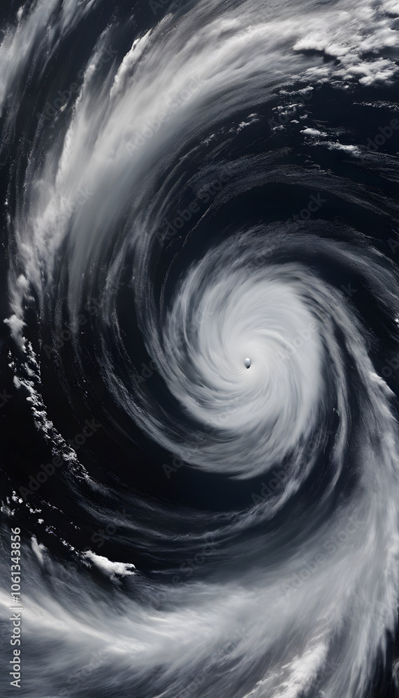 Aerial view of a powerful cyclone over the ocean, showcasing a well-defined eye and swirling cloud patterns. Aerial view of a powerful cyclone over the ocean, showcasing a well-defined eye and swirling cloud patterns.