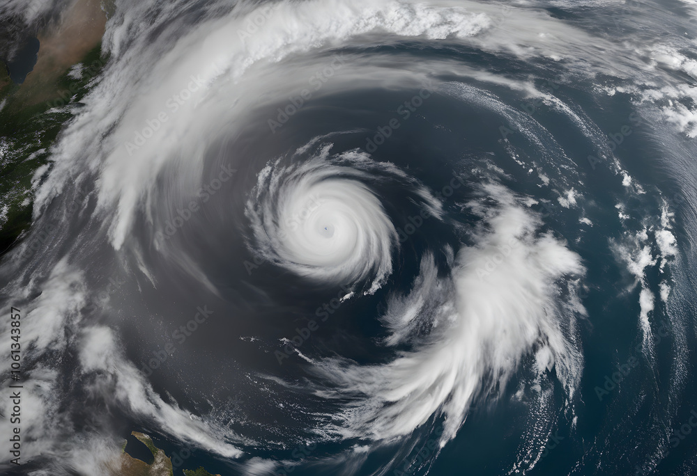 Aerial view of a powerful cyclone over the ocean, showcasing a well-defined eye and swirling cloud patterns. Aerial view of a powerful cyclone over the ocean, showcasing a well-defined eye and swirling cloud patterns.