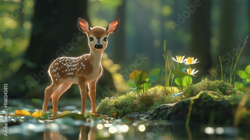 White tailed deer fawn standing in the forest  photo