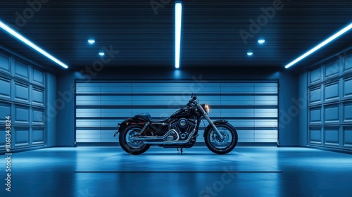 Sleek and Powerful Motorcycle in Minimalist Futuristic Garage photo