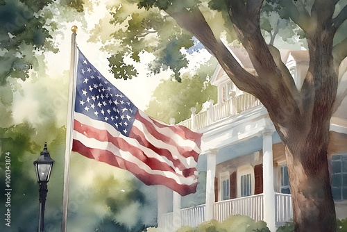 Traditional American house. United States of America flag. 