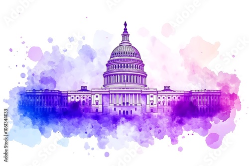 United States Capitol Building illustration, watercolor stain background