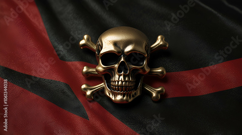 metallic skull pirate pin on a waving red and black flag hacker emblem death danger symbol,generative.ai