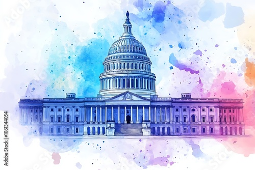 United States Capitol Building illustration, watercolor stain background