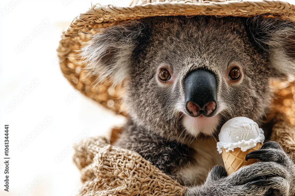 Obraz premium Koala wearing straw hat, holding ice cream cone, exuding joy. This adorable scene captures playful moment in sunny setting, perfect for summer vibes