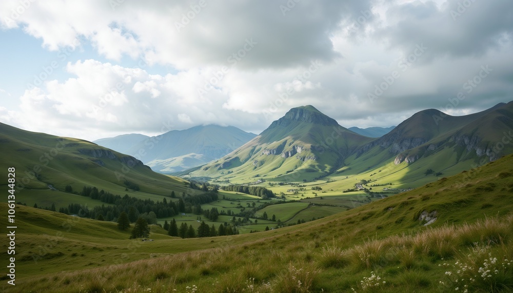 Majestic mountain landscape, vibrant greenery, rolling hills and dramatic clouds under blue sky Majestic mountain landscape, vibrant greenery, rolling hills and dramatic clouds under blue sky