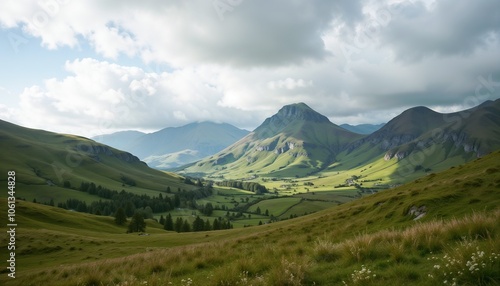 Majestic mountain landscape, vibrant greenery, rolling hills and dramatic clouds under blue sky