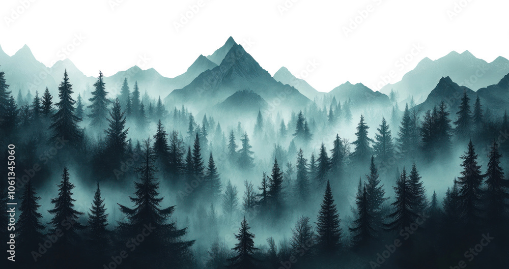 Fototapeta premium PNG Mysterious misty forest aerial view with foggy mountains and green pine trees in a natural landscape scenery nature vegetation.