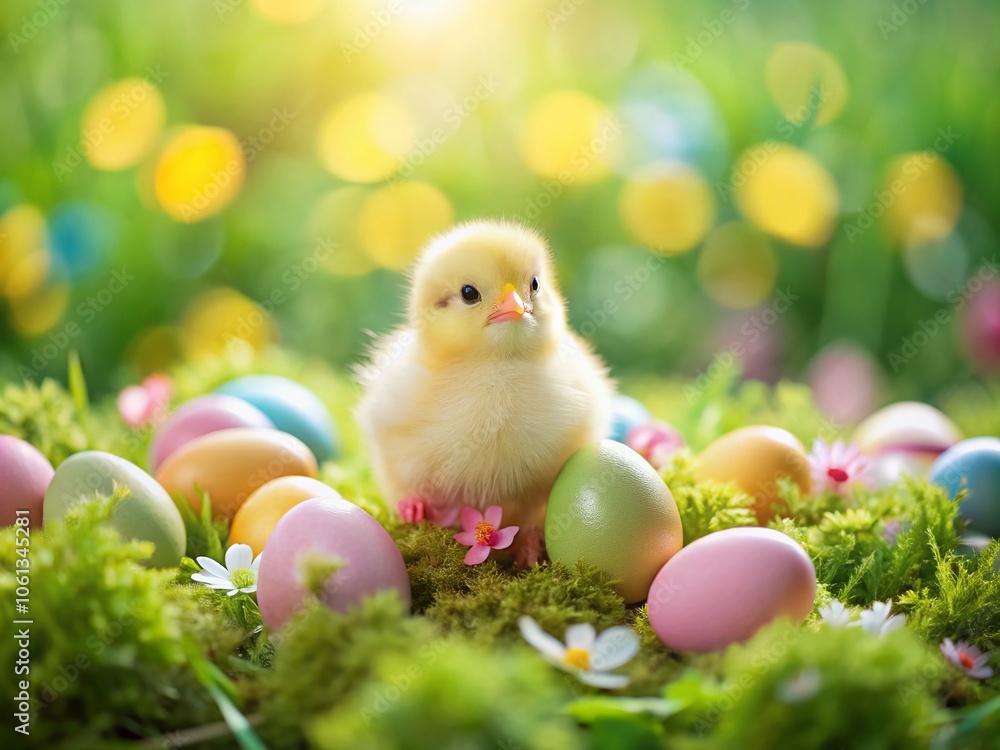 Adorable Tilt-Shift Photography of Easter Chicken with Colorful Eggs, Perfect for Spring Celebrations, Holiday Themes, and Seasonal Decorations Adorable Tilt-Shift Photography of Easter Chicken with Colorful Eggs, Perfect for Spring Celebrations, Holiday Themes, and Seasonal Decorations