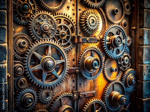 Wallpaper Mural Aerial Close-Up of a Metal Door with Intricate Gears Highlighting Industrial Design and Texture for Stunning Visuals Torontodigital.ca