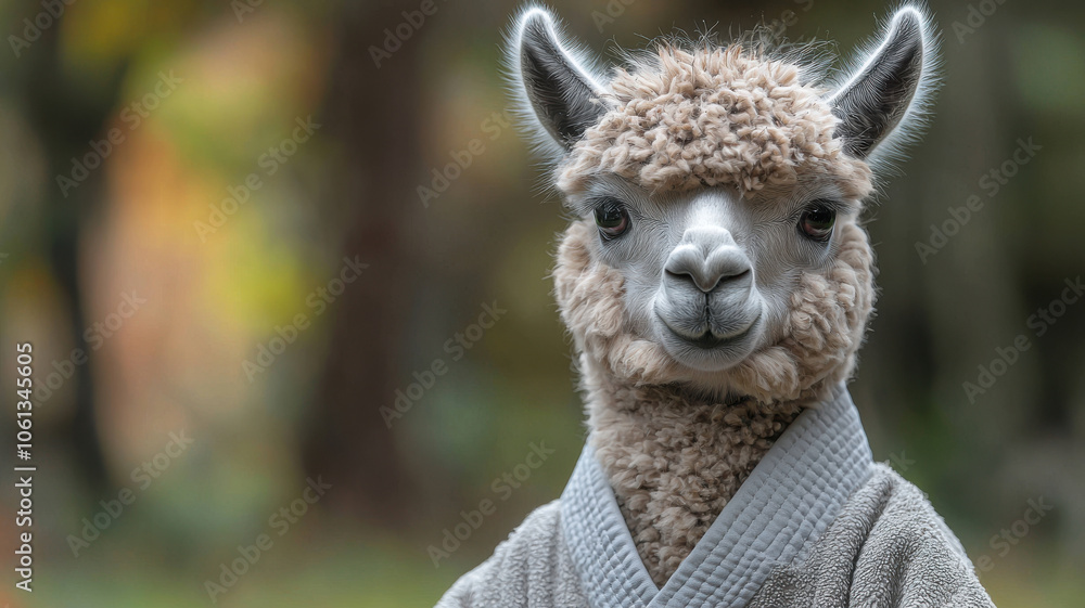 llama in karate uniform, exuding confidence and readiness to fight. This unique and playful image showcases llama fluffy fur and distinctive attire, set against blurred natural background llama in karate uniform, exuding confidence and readiness to fight. This unique and playful image showcases llama fluffy fur and distinctive attire, set against blurred natural background