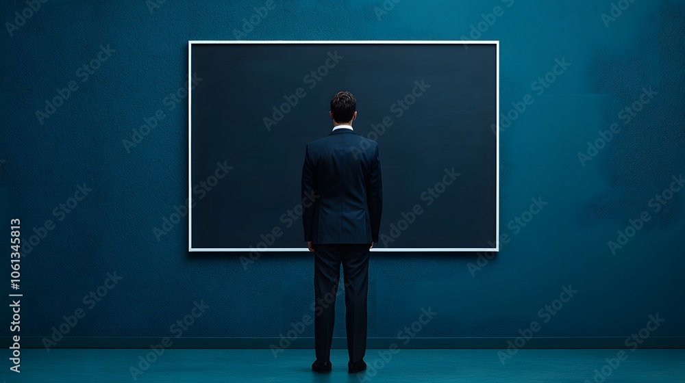 A Professional Man Contemplates Ideas in Front of a Glass Board in a Modern Office Environment. Store Management Concept A Professional Man Contemplates Ideas in Front of a Glass Board in a Modern Office Environment. Store Management Concept