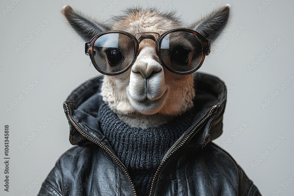 llama wearing sunglasses and leather jacket exudes cool vibe. This stylish animal showcases unique personality with its fashionable attire llama wearing sunglasses and leather jacket exudes cool vibe. This stylish animal showcases unique personality with its fashionable attire