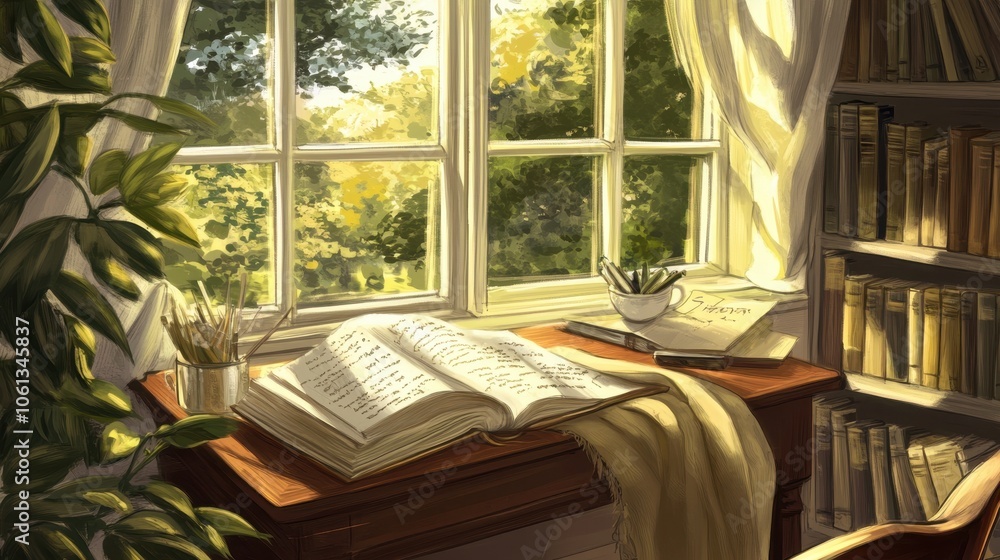 Cozy Library Nook with Lush Greenery Cozy Library Nook with Lush Greenery