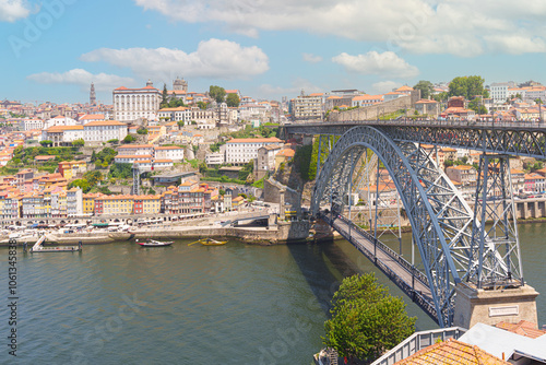 View of Porto with the Luis I bridge over the Douro River